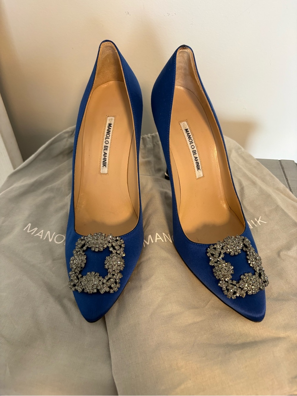 Manolo Blahnik Royal Blue Satin Pointed-Toe Pumps with Crystal Buckles